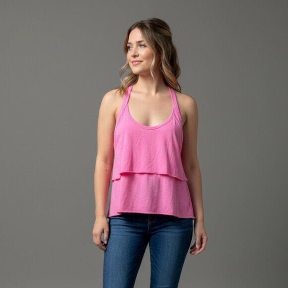 Aritzia Wilfred Tank Top Pink Cotton Knotted tie Racerback tiered ruffle Size XS - Picture 3 of 16